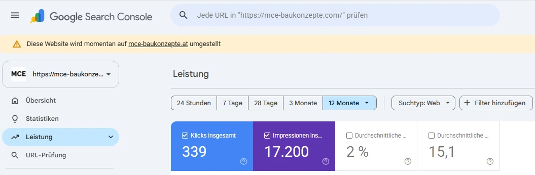 Google Search Console MCE Baukonzepte alte .com Domain – 12 Monate: 339 Klicks, 17.200 Impressionen, CTR 2 Prozent, durchschnittliche Position 15,1